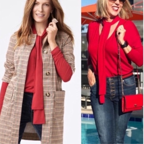 CAbi Tops - CAbi Style 3804 Tess Knit Top Tie V Neck Firebrick Red Size Medium